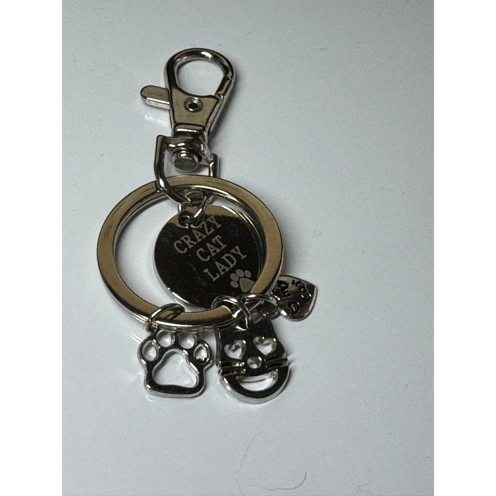 Crazy Cat Lady Silver Tone Keychain with Cat Face and Paw Print Charms